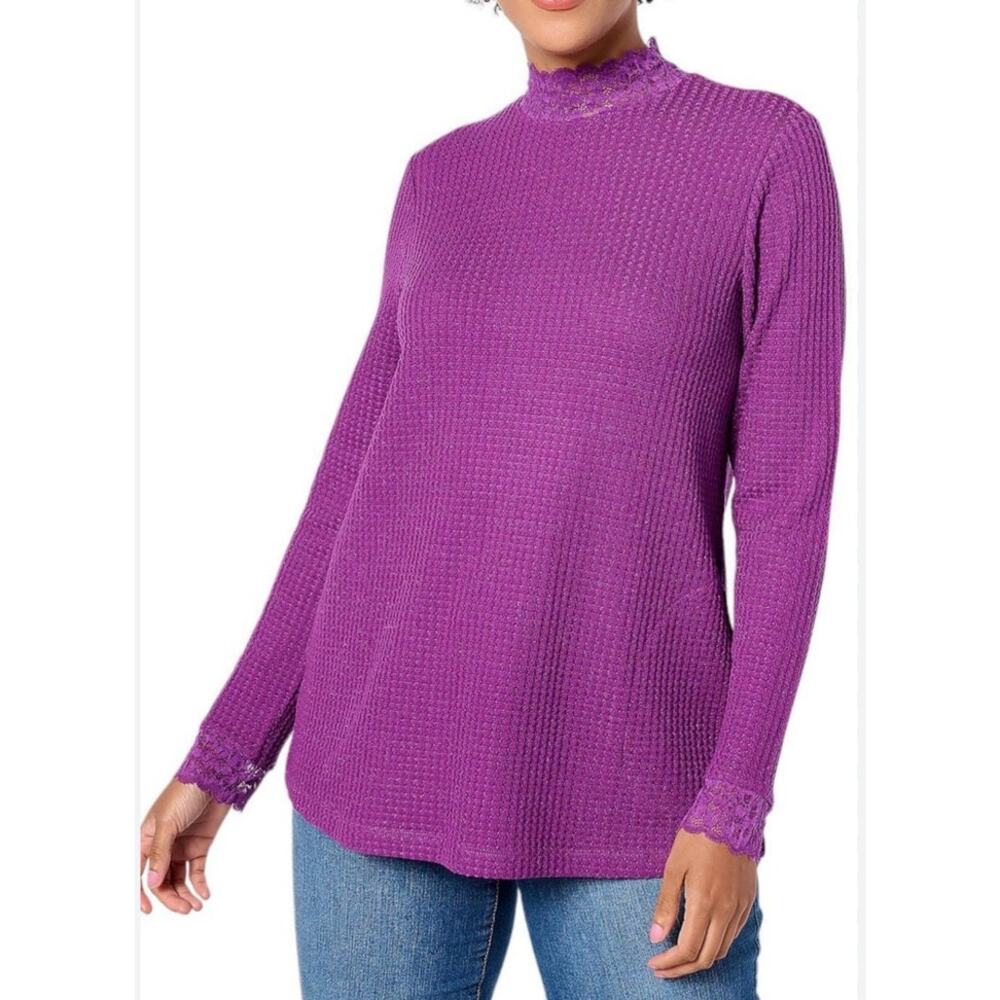 LOGO by Lori Goldstein Women's Metallic Waffle Knit Mock Neck Grape purple tunic